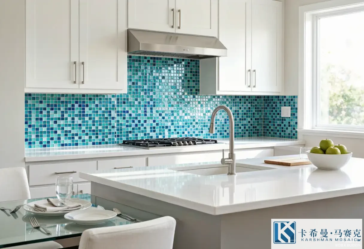 Glass mosaic tile kitchen backsplash in blue and teal tones on a modern white kitchen wall