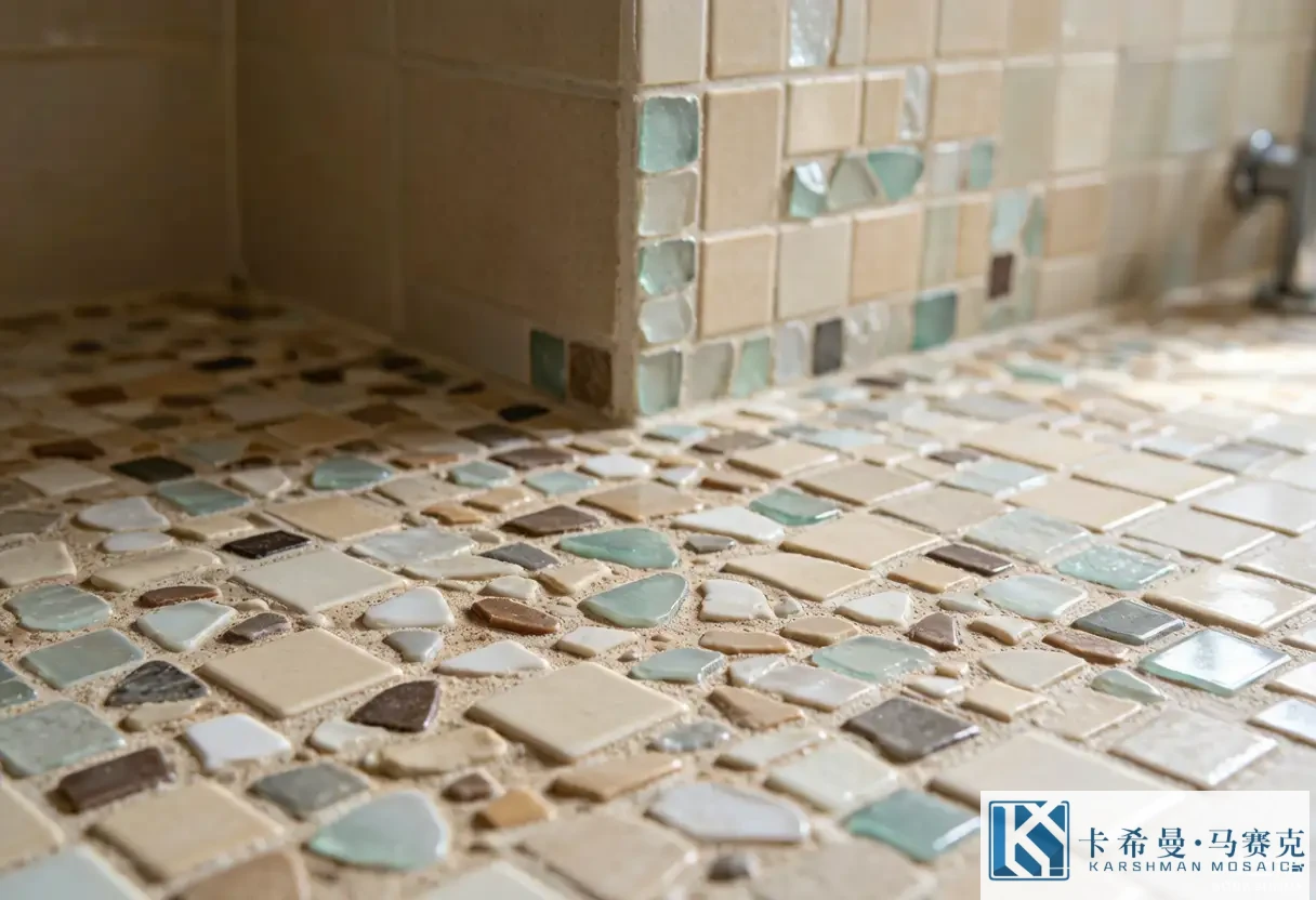 Close-up of ceramic and glass mosaic chips in sand and sea-glass tones on a bathroom floor and niche