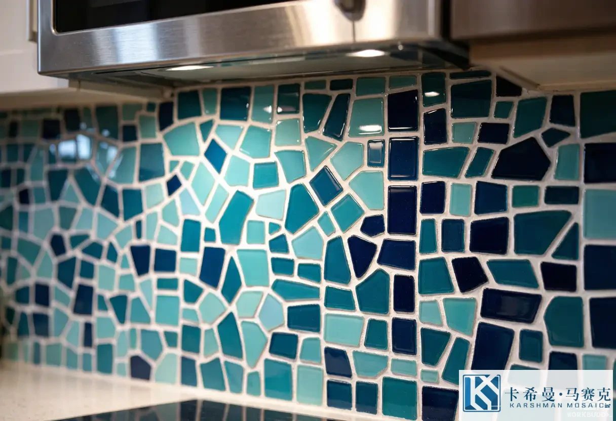 Close-up of aqua and navy glass mosaic chips forming a subtle gradient on a kitchen backsplash