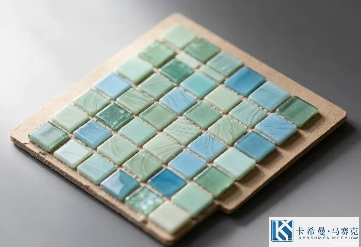 Sample board of recycled glass mosaic tiles in soft green, aqua, and blue tones