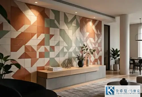 Modern mosaic tile feature wall with geometric pattern in terracotta and sage green tones