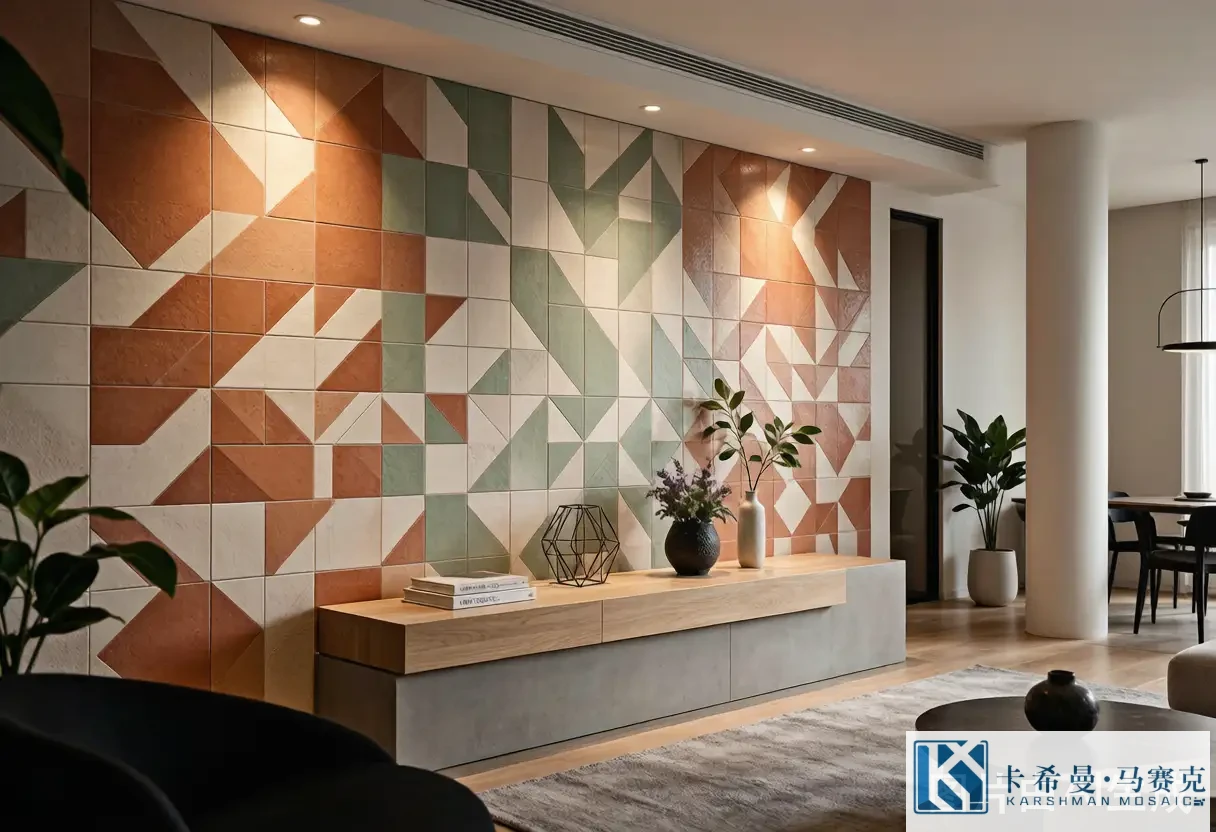 Modern mosaic tile feature wall with geometric pattern in terracotta and sage green tones