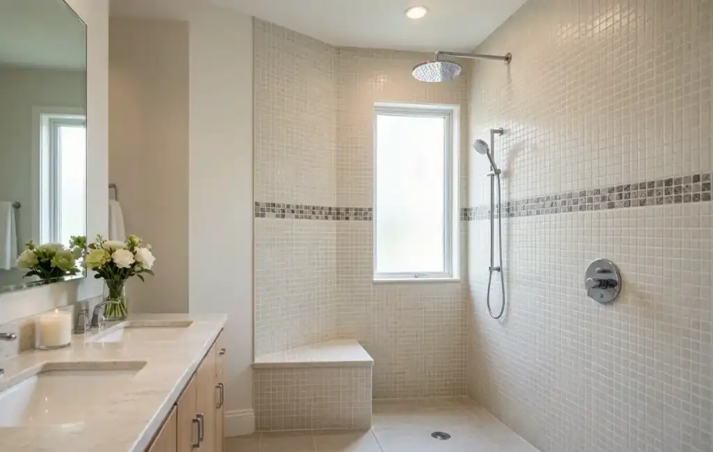 Modern bathroom with ceramic mosaic tiles on shower walls