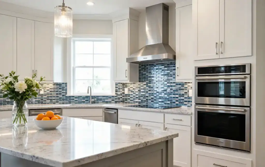 Modern kitchen with blue and silver glass mosaic tile backsplash