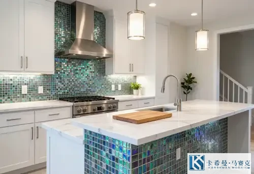 Modern kitchen with iridescent blue and silver glass mosaic tile backsplash