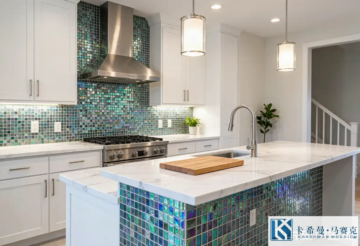 Modern kitchen with iridescent blue and silver glass mosaic tile backsplash