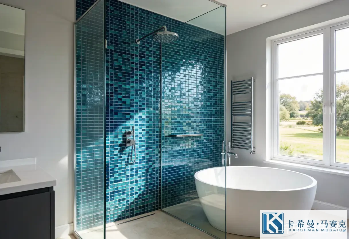 Luxury bathroom with deep blue and teal glass mosaic tile feature wall behind a freestanding bathtub