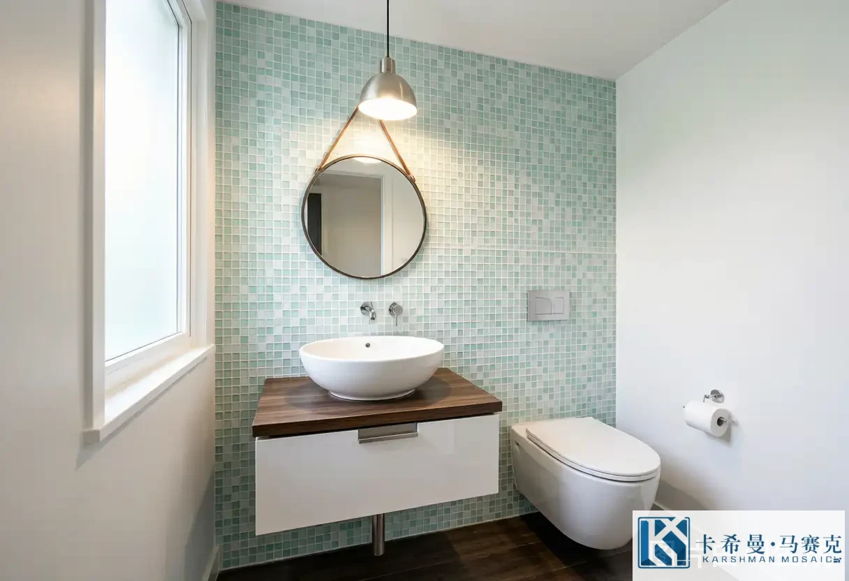 Small powder room with light aqua glass mosaic tile accent wall