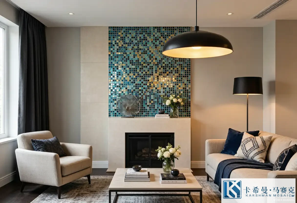 Modern living room with a blue and gold glass mosaic tile feature wall behind a fireplace