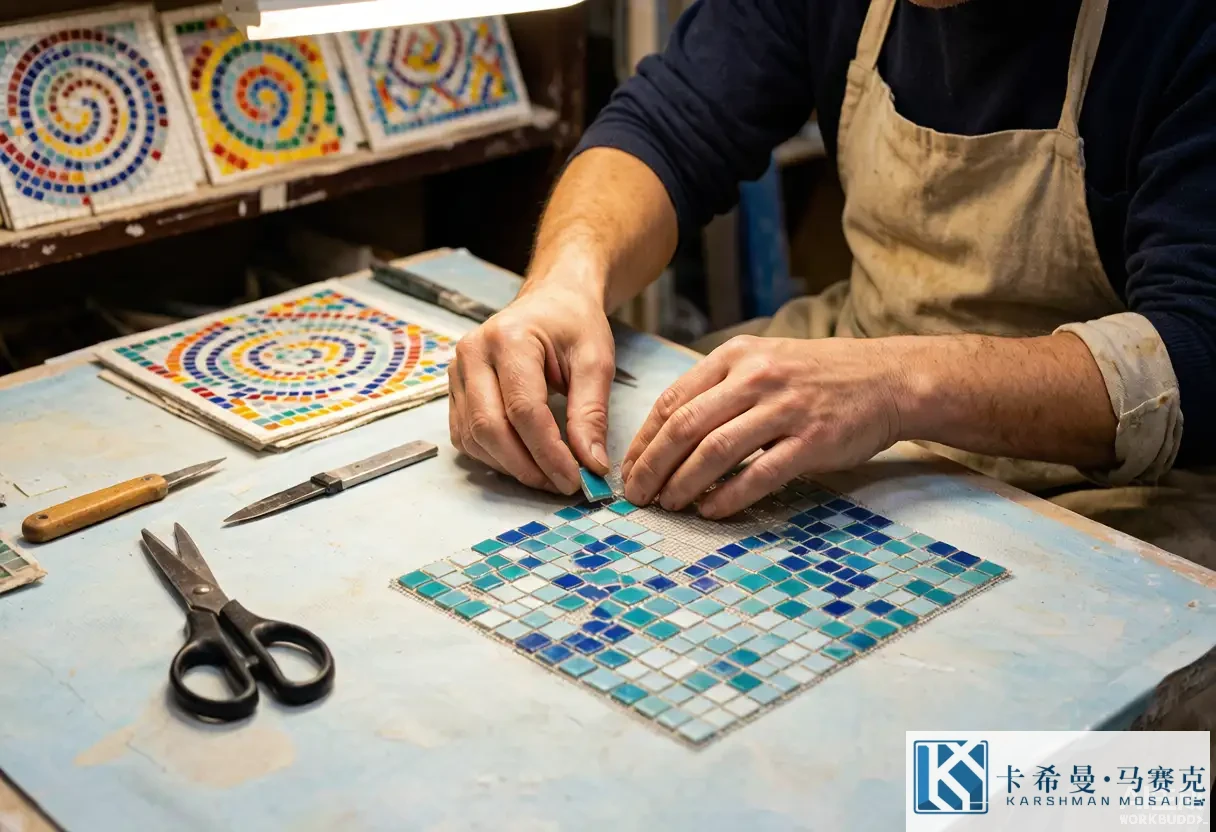 Craftsman arranging glass and ceramic mosaic tile pieces on a mesh-backed sheet in a workshop