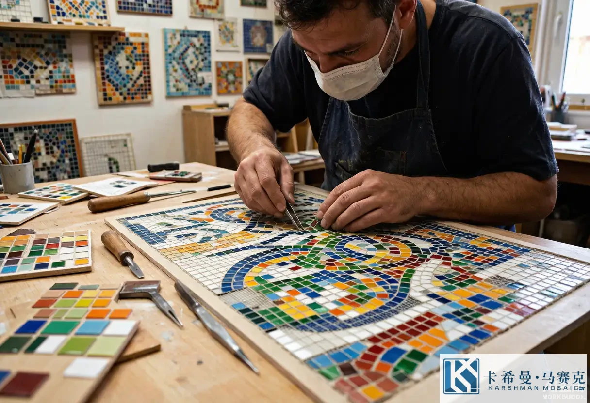 Craftsman assembling small mosaic chips onto a mesh-backed sheet in a workshop following a printed pattern