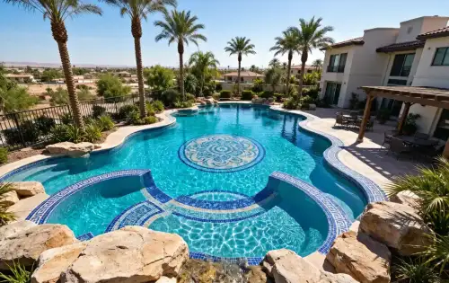 Custom blue mosaic tile swimming pool with decorative patterns