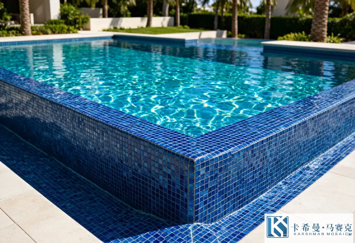 Luxury swimming pool with deep blue glass mosaic tiles and shimmering water