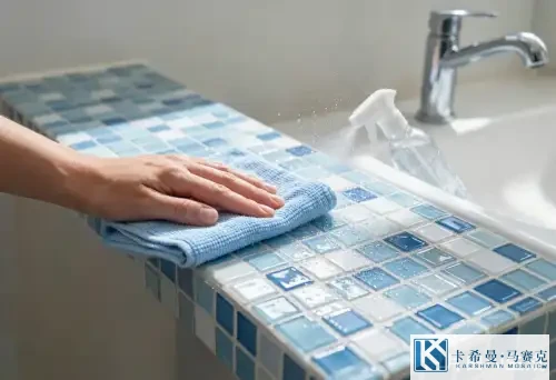 Cleaning glossy glass mosaic tiles with microfiber cloth and gentle spray cleaner