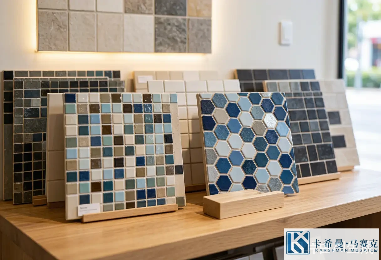 Selection of ceramic and glass mosaic tile samples on display in a showroom