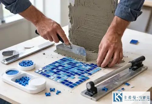 Professional mosaic tile installation with notched trowel and blue glass mosaic sheets