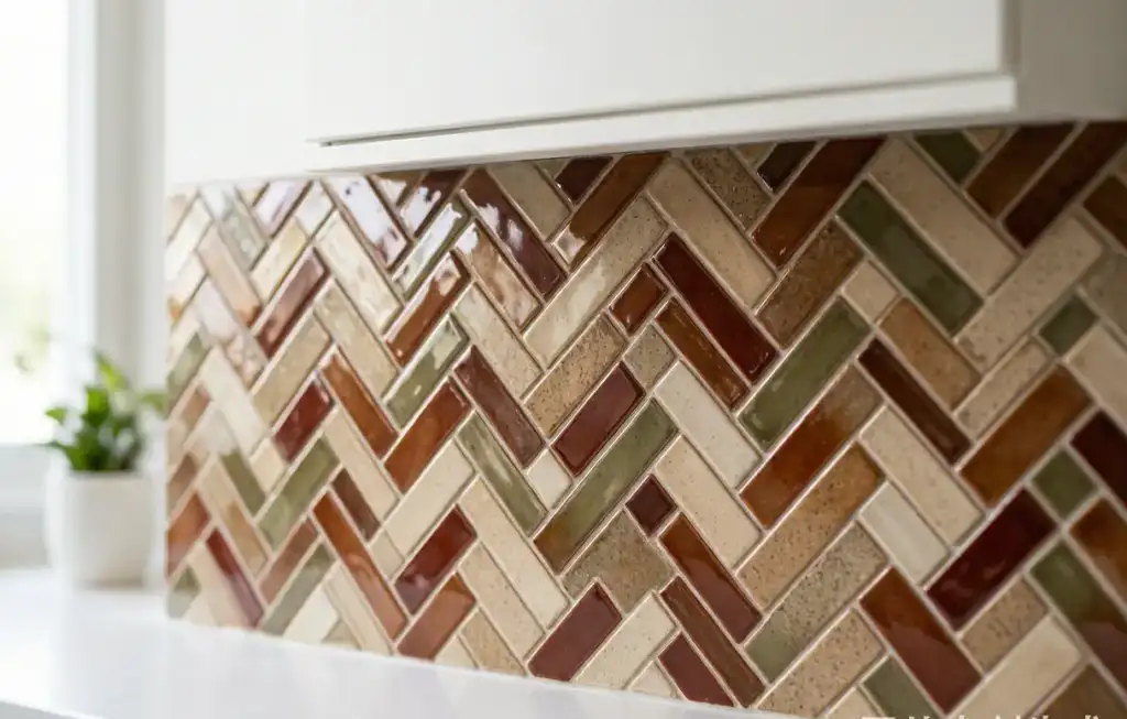 Ceramic mosaic tiles in herringbone pattern on kitchen backsplash