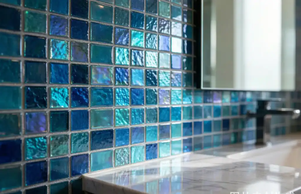 Iridescent blue glass mosaic tiles in a luxury bathroom