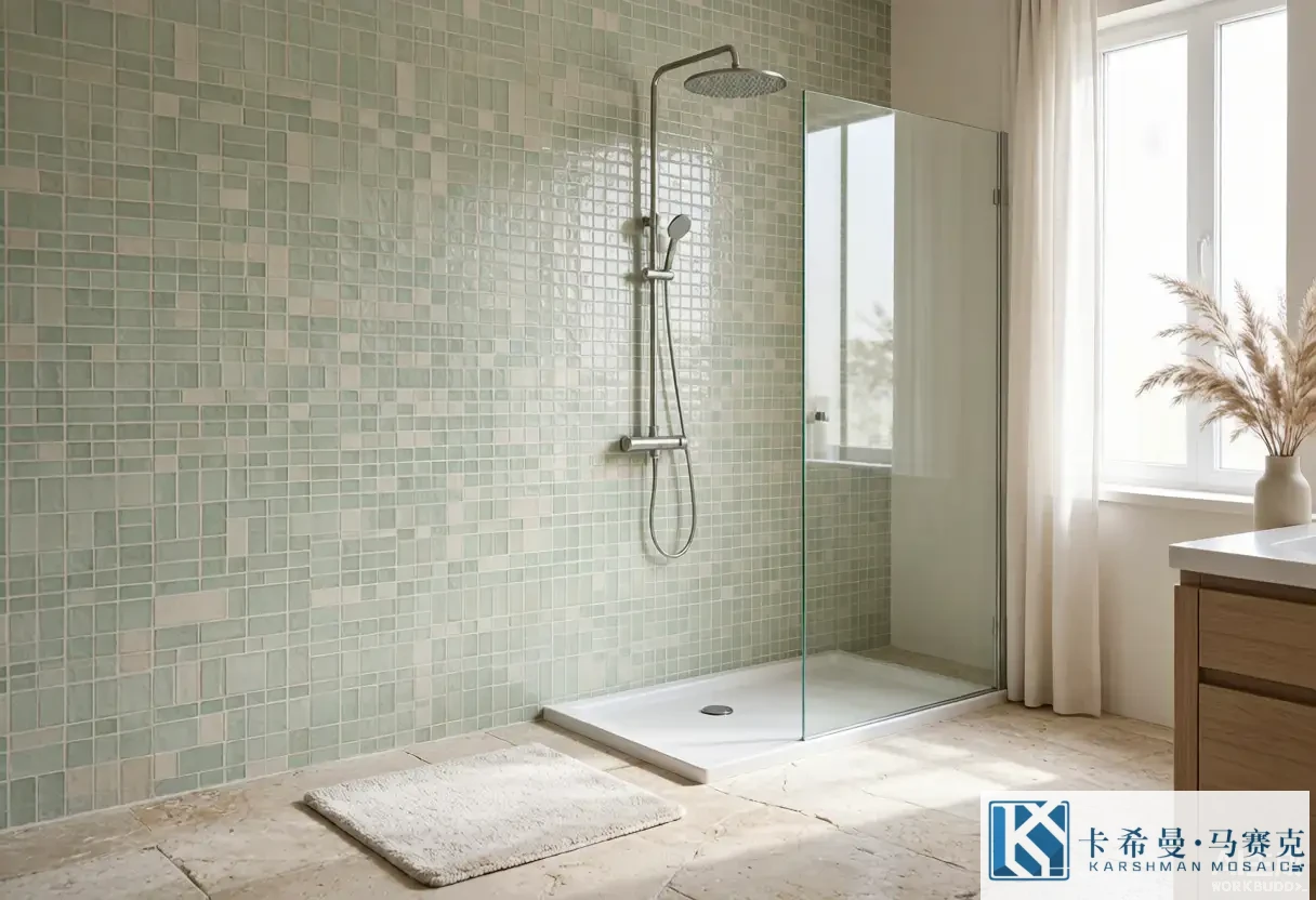 Spa-style bathroom with a sage green glass mosaic tile shower wall and rainfall showerhead