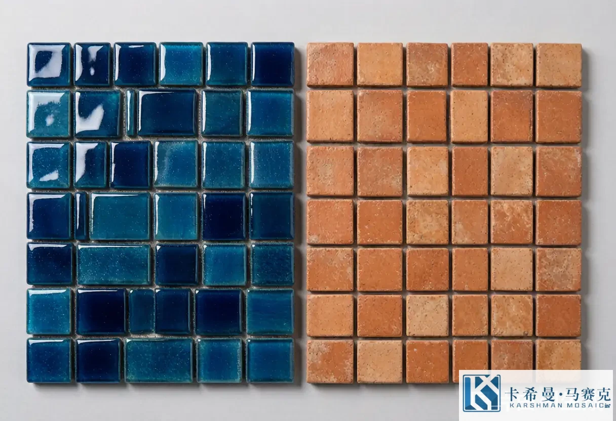 Side by side comparison of glossy blue glass mosaic and matte terracotta ceramic mosaic tiles