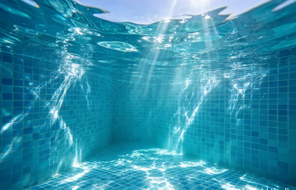 Underwater view of blue glass mosaic tiles in a swimming pool with sunlight
