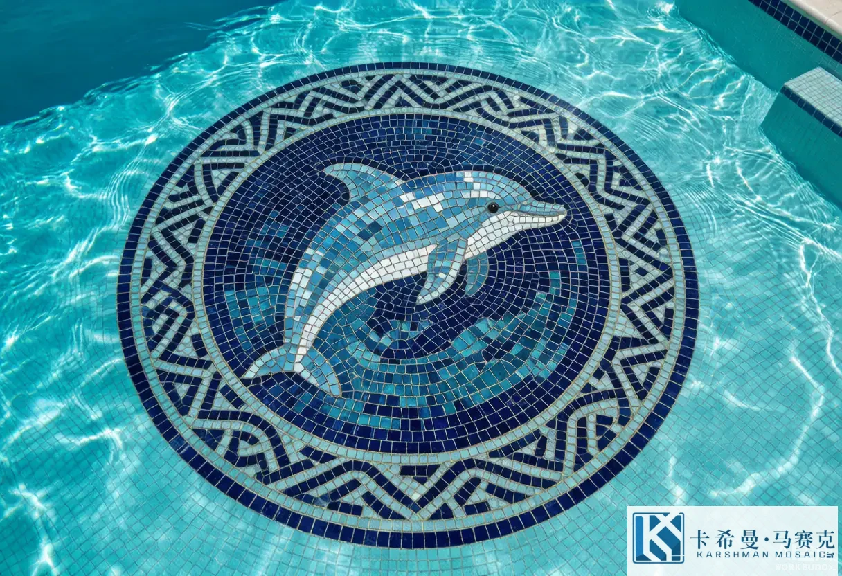 Aerial view of a swimming pool floor decorated with a glass mosaic dolphin medallion and a navy border pattern