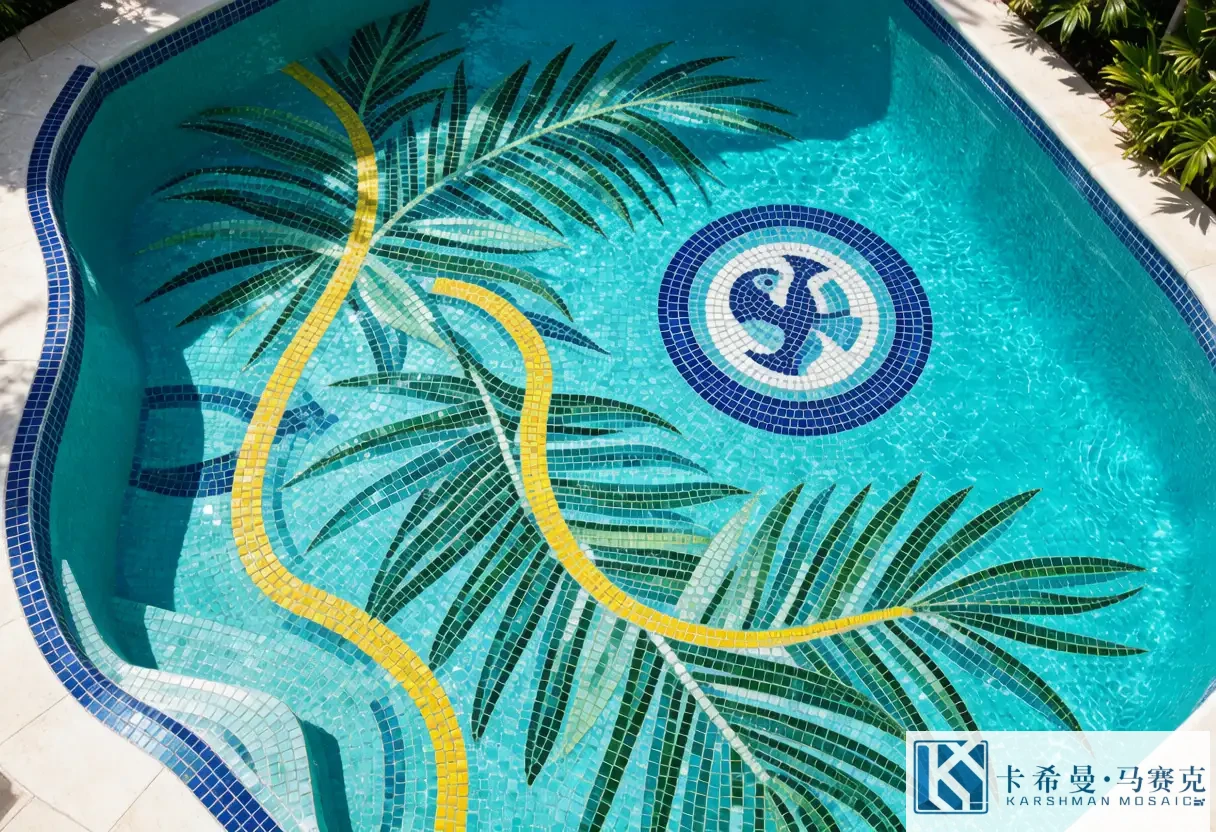 Aerial view of a swimming pool floor decorated with a glass mosaic tropical design of palm leaves and a stylized fish medallion