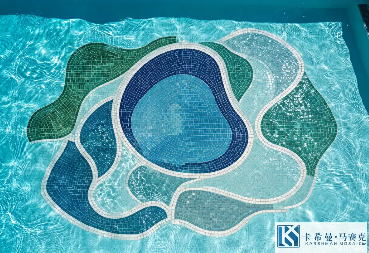 Aerial view of a swimming pool floor with an abstract mosaic design of flowing organic color fields in blue teal and white