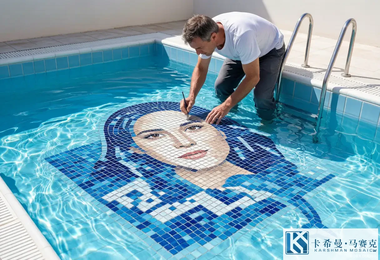 Artist rendering a custom photo mosaic portrait on a pool floor with blue and white glass tiles