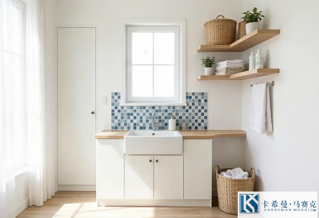 Bright laundry room with a mosaic tile backsplash behind a utility sink