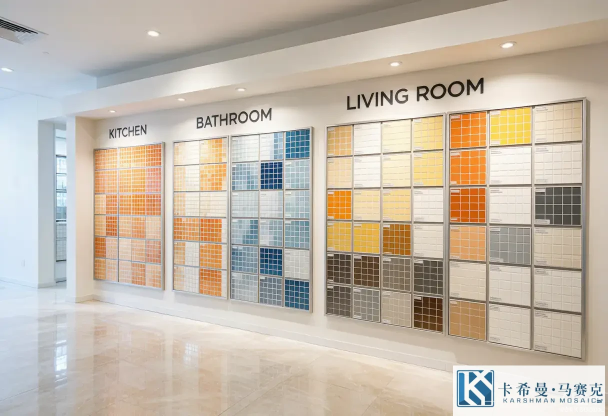 Bright showroom wall display of mosaic tile sample boards grouped by color and room