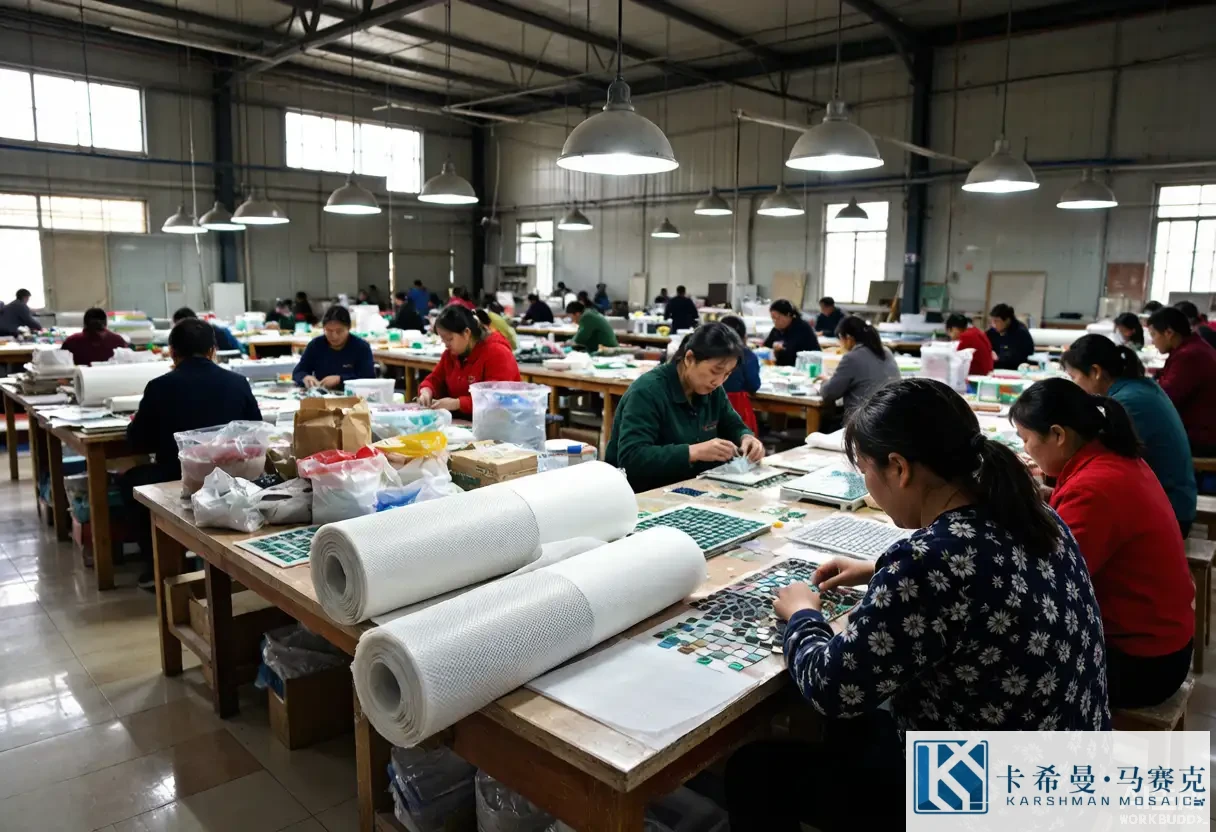 Busy glass mosaic factory floor with workers sorting and packing small glass tiles