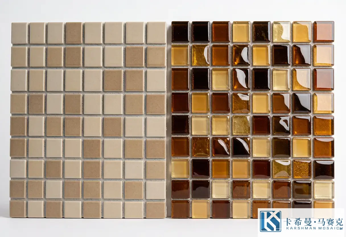 Close up comparing a matte ceramic mosaic tile and a glossy glass mosaic tile surfaces side by side
