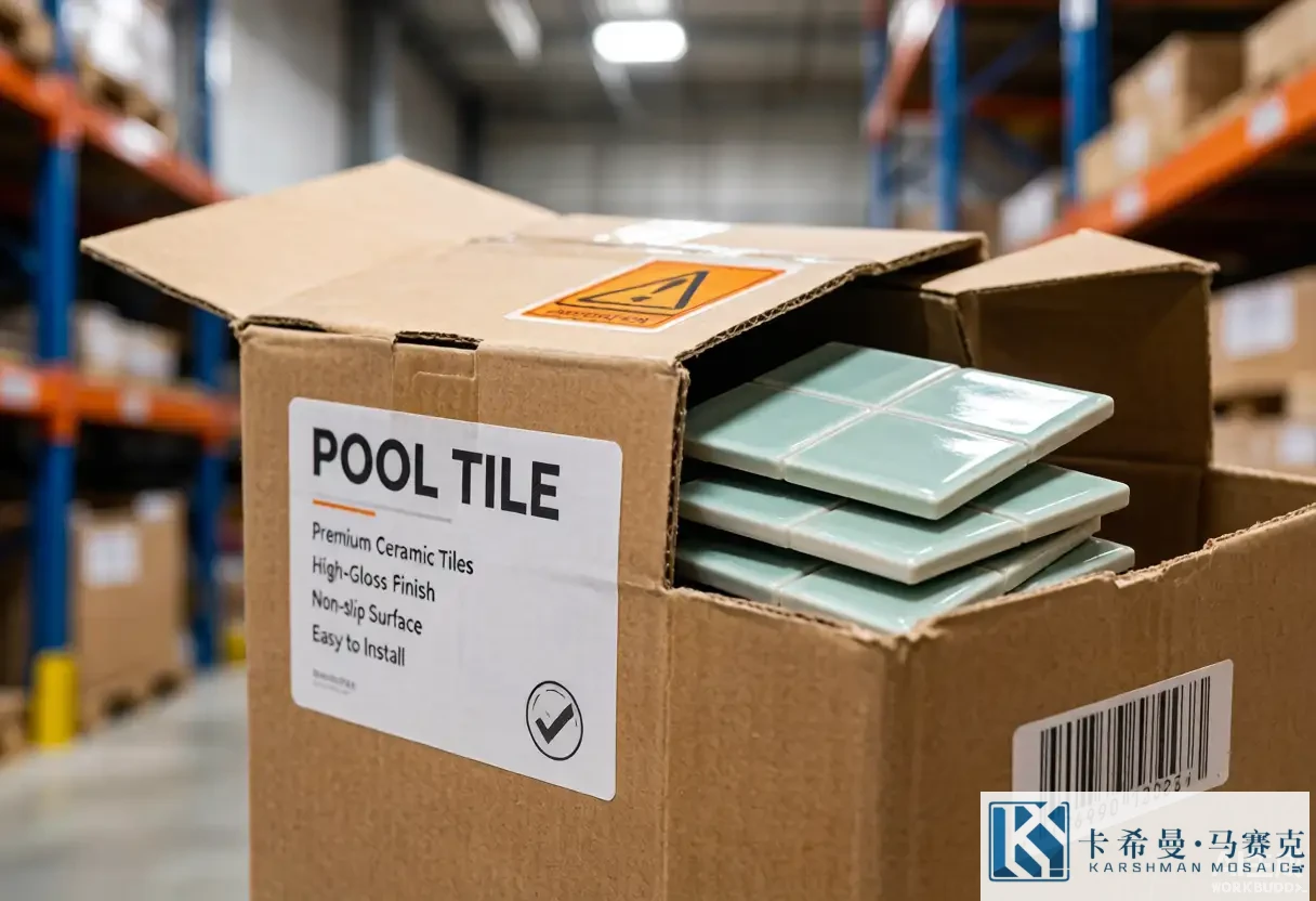 Close-up of a carton of pool tiles with a printed label and loose tiles