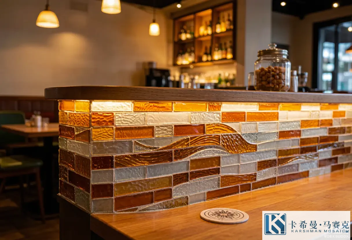Close-up of a glass mosaic bar front showing a wave pattern in amber and clear glass