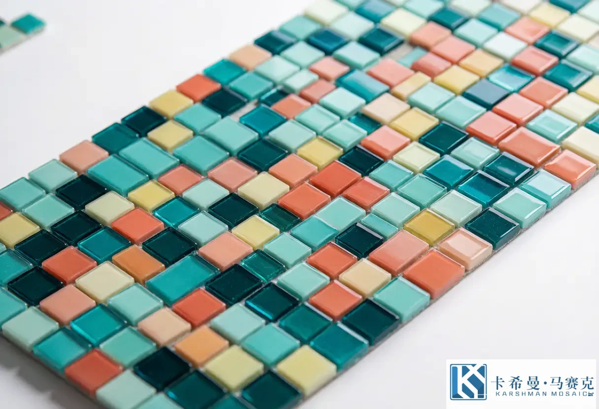Close up of a glass mosaic tile sheet in tropical colors, aqua teal green and coral
