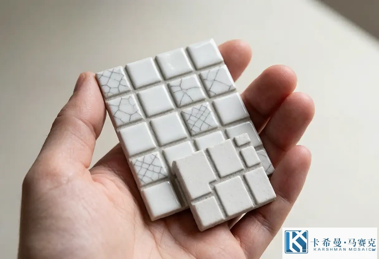 Close up of a hand holding two mosaic tile samples comparing size and surface finish