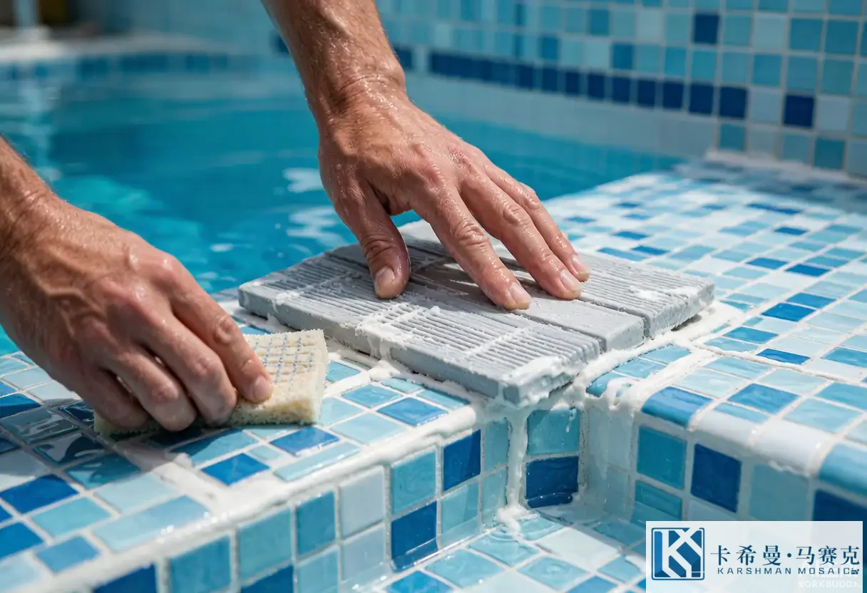 Close-up of glass mosaic grout lines being finished on a pool step with a float and sponge