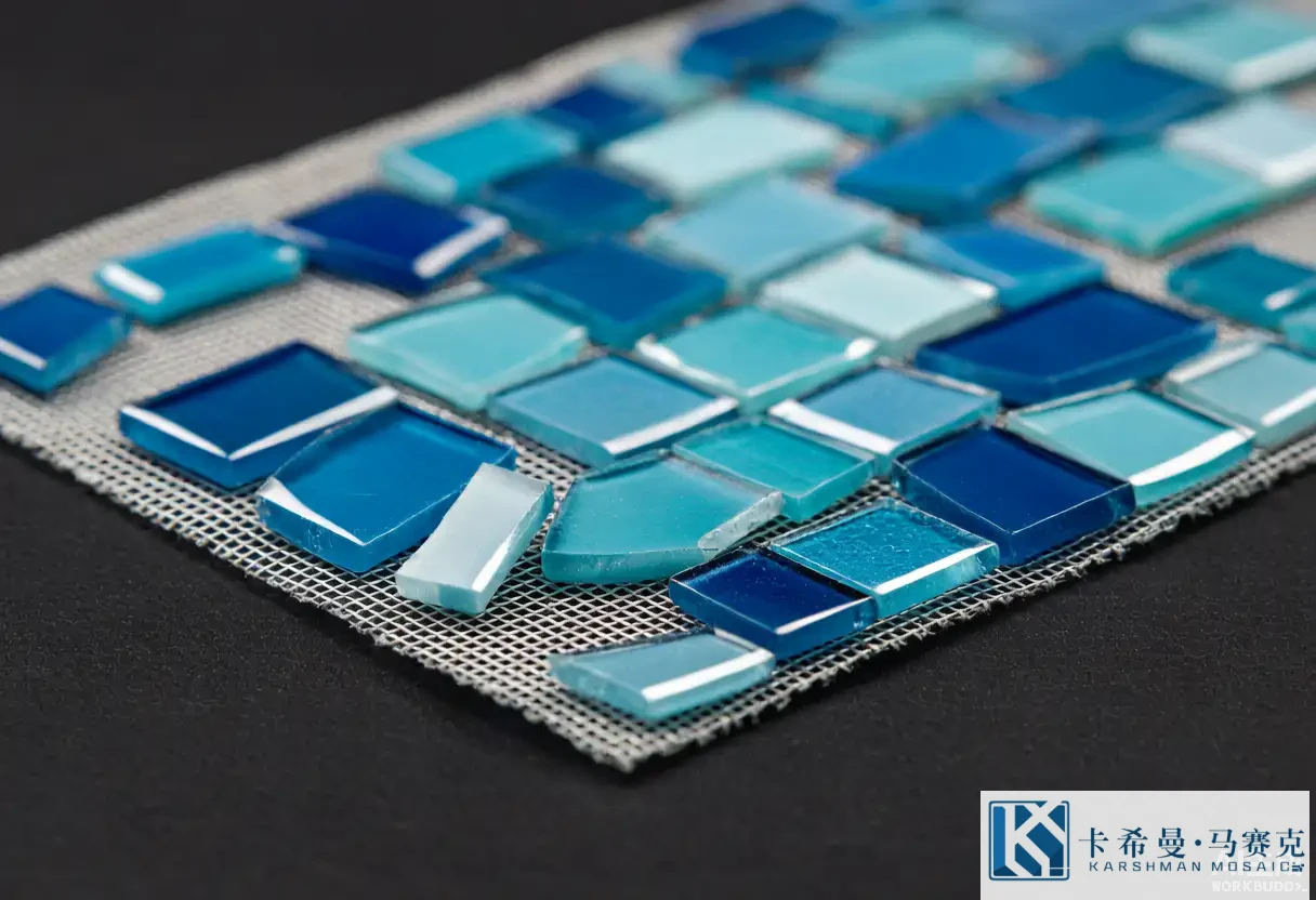Close up of blue and aqua glass mosaic tesserae freshly cut on a mesh backing sheet with uniform glossy edges