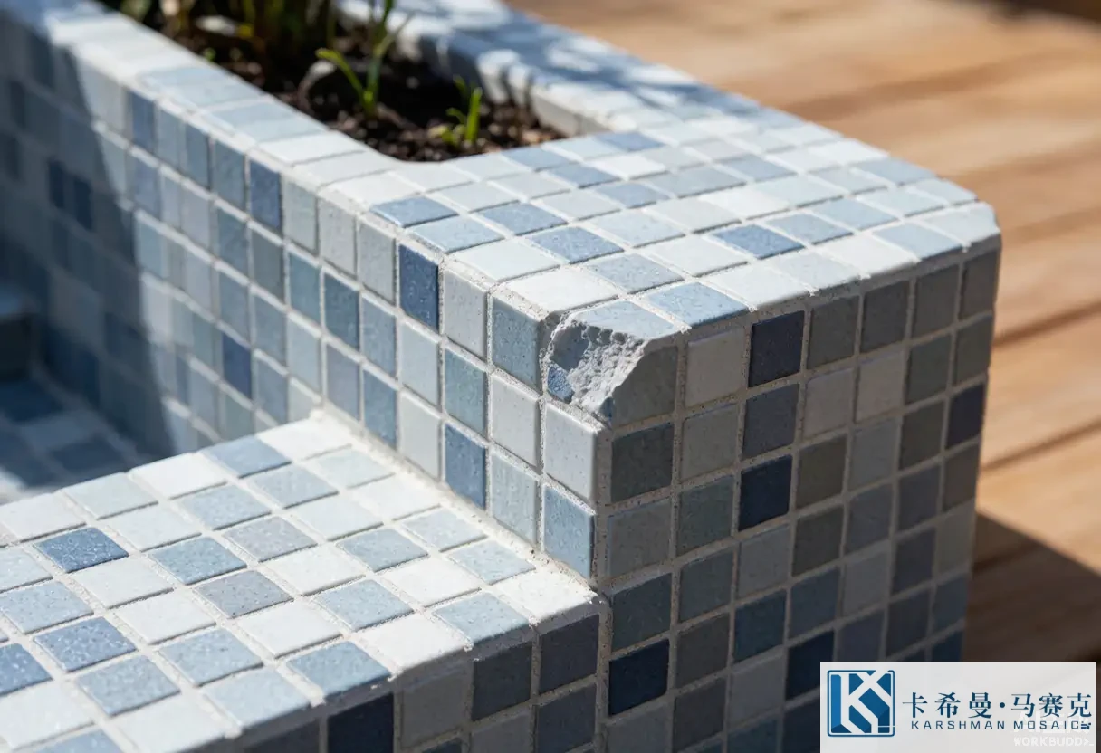 Close-up of frost-resistant mosaic tile on an outdoor garden step and planter edge