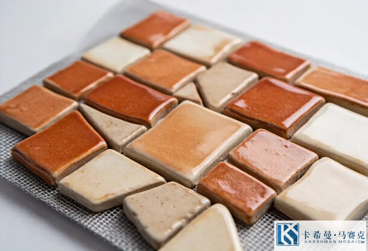 Close up of glazed ceramic mosaic tesserae in earthy terracotta and cream tones on a mesh backing sheet