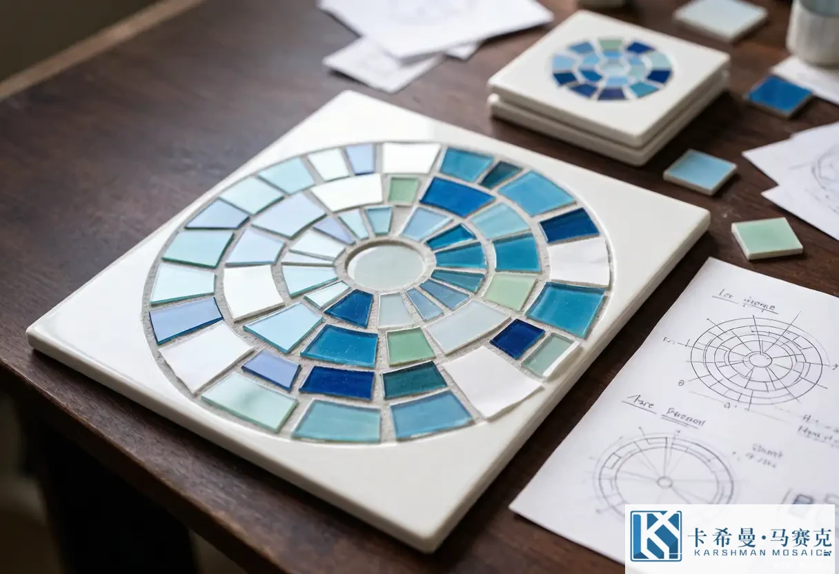 Close up of hand cut glass mosaic tiles arranged into a custom pool art panel on a designer table with sketch paper