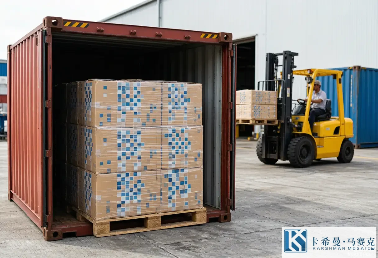 Container of boxed mosaic tile cartons stacked at a shipping dock ready for export