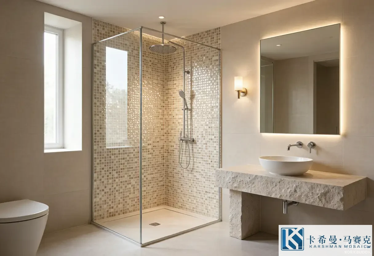 Contemporary spa style bathroom with a glass mosaic tile walk-in shower and stone vanity