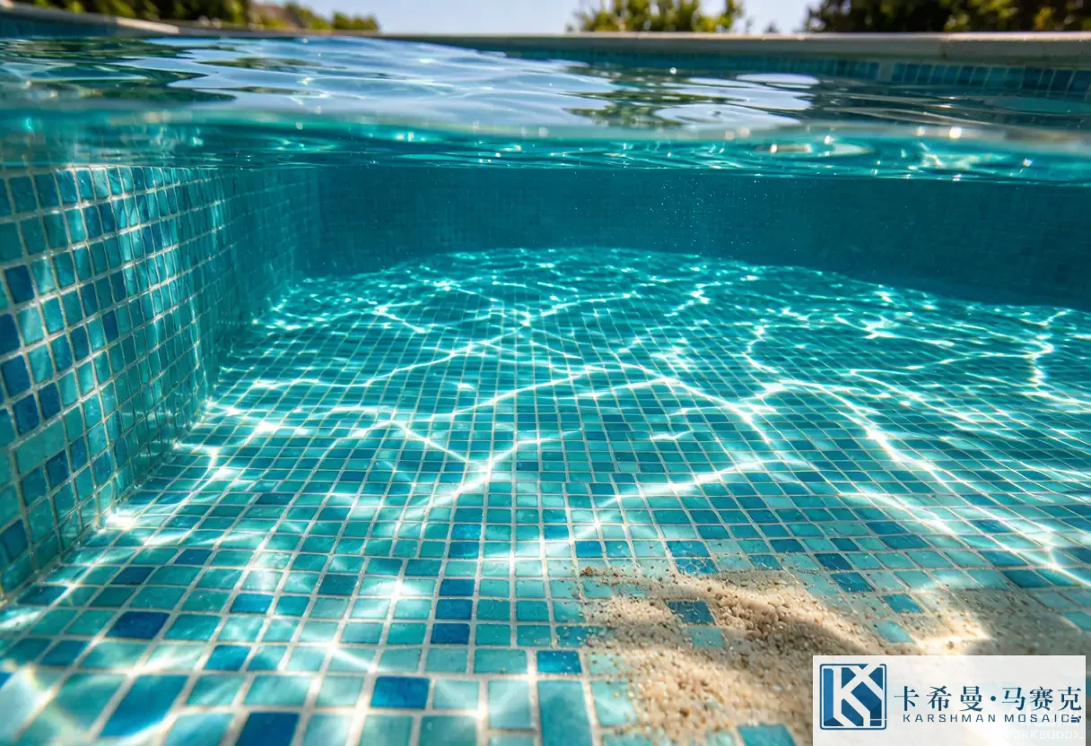 Crystal clear swimming pool interior lined with turquoise glass mosaic tile, sunlight rippling on the surface