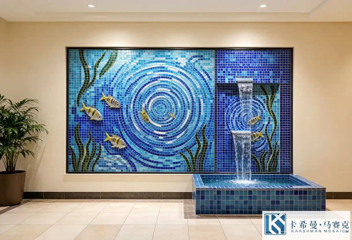 Decorative glass mosaic mural on an indoor fountain showing fish and ripples