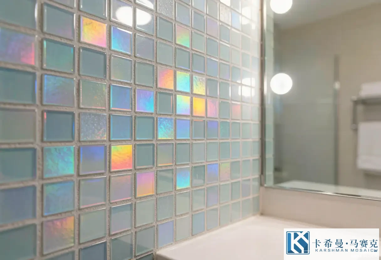 Detail of a glass mosaic tile wall in a bathroom showing small iridescent squares