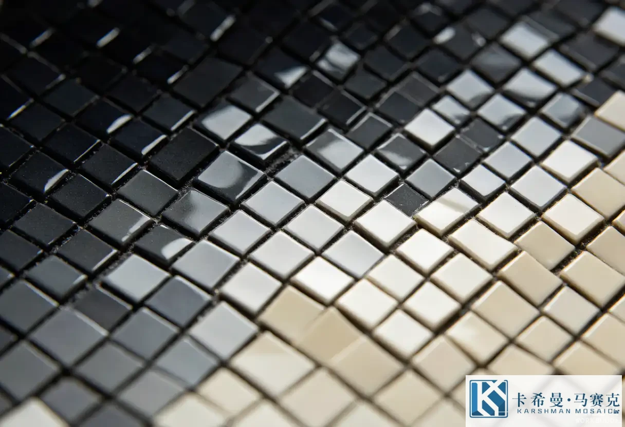 Close-up of a mosaic gradient flowing from charcoal to cream across small square chips