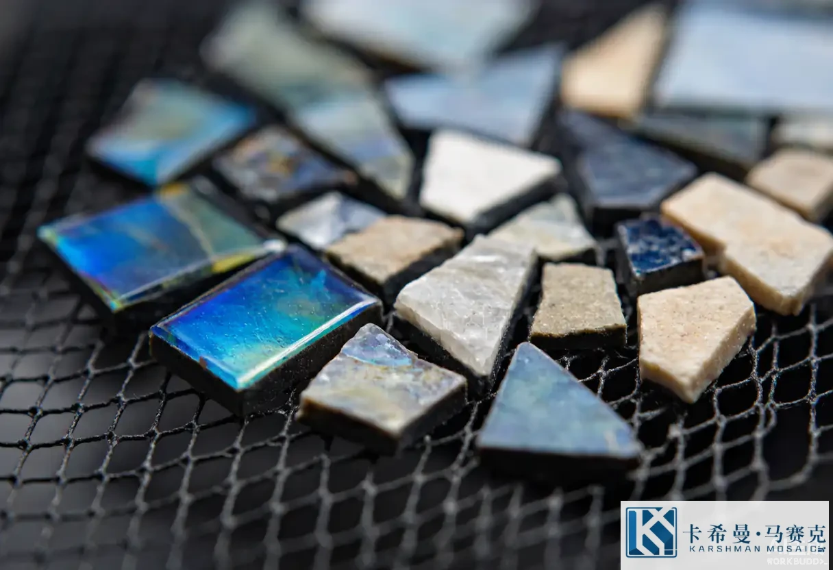 Extreme macro of mixed glass and natural stone mosaic tesserae mounted on a mesh sheet
