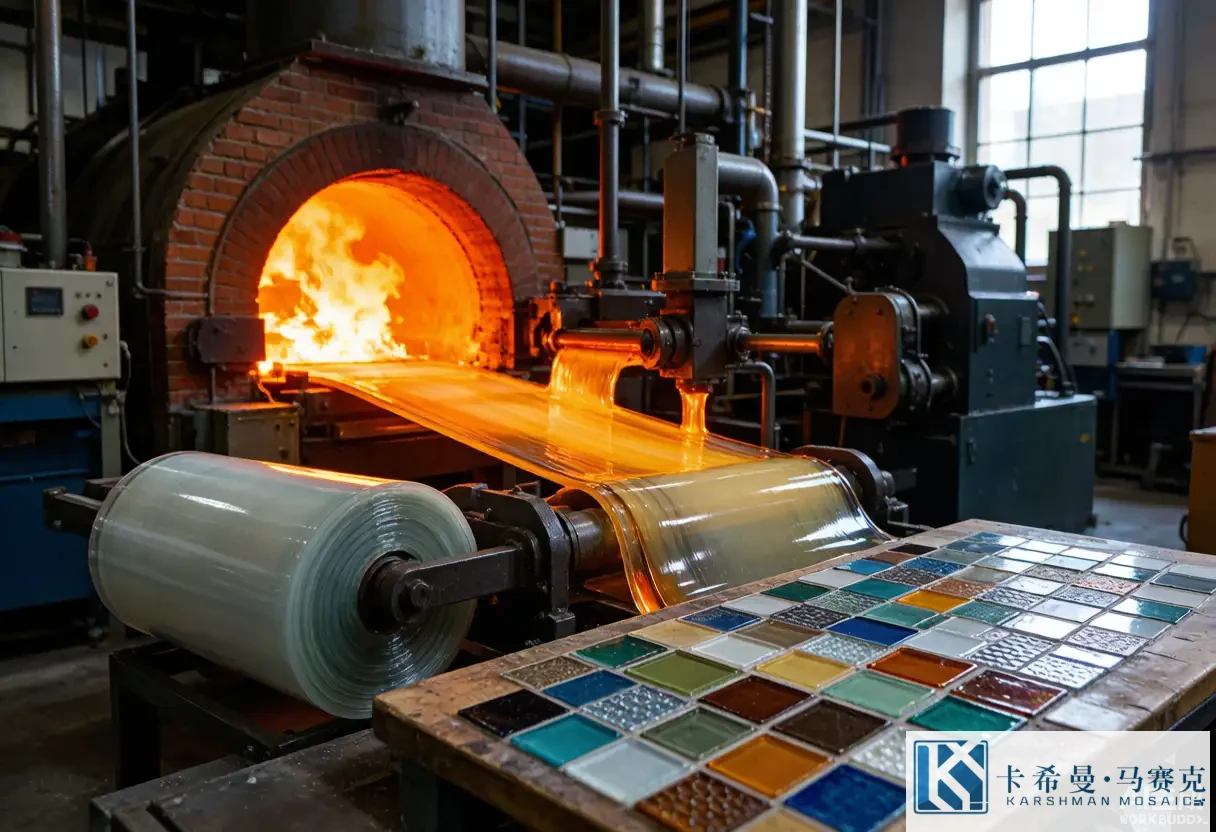 Industrial glass workshop with molten glass being poured and rolled into sheets before cutting into mosaic tiles